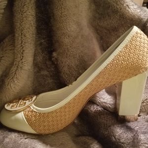 Tory Burch leather straw weave pumps